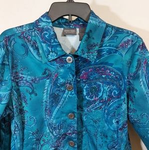 Additions by Chico's teal, purple, blue paisley cotton jacket, size 2